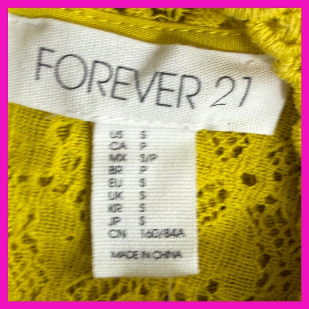 Forever 21 Lace Top, Mock Neck, Short Sleeve, Yellow Blouse, Size Small NWT - Picture 10 of 11